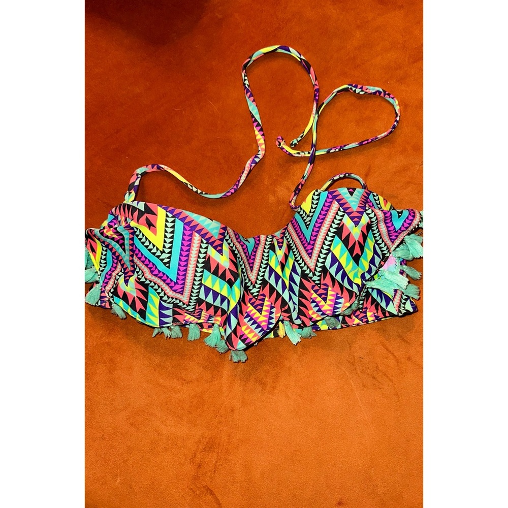 Vintage circa 2014, Neon Aztec, Fringe Bikini Top, Size Large - Picture 7 of 16